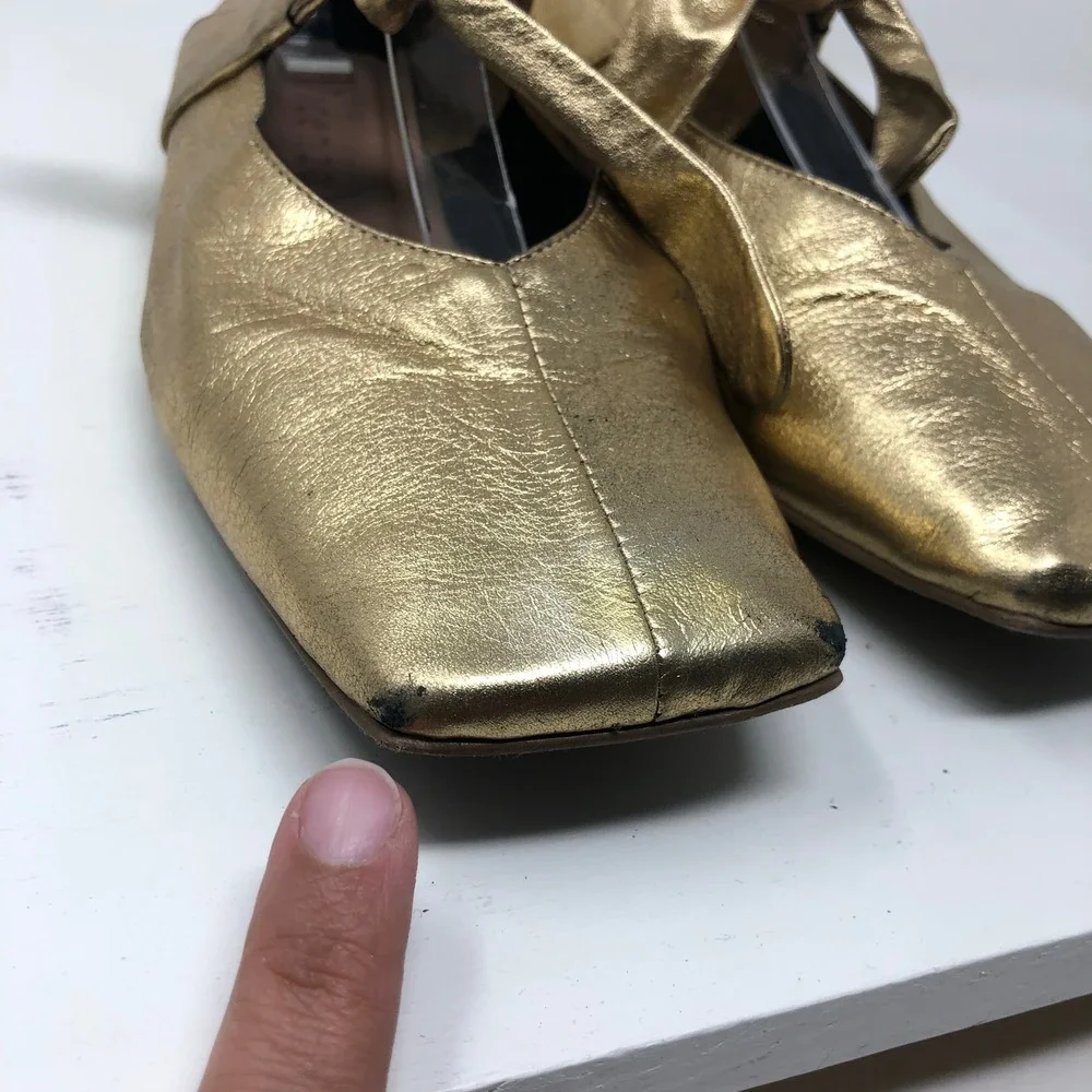 Vicenza Ballet Flats 8 Womens Gold Metallic Square Toe Knotted Strap Leather